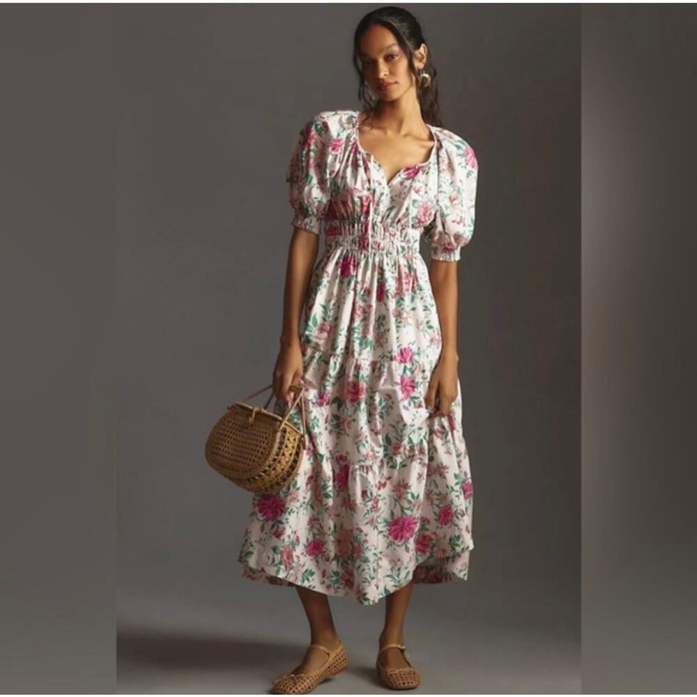 Anthropologie Somerset Floral Puff Sleeve Maxi Dress Small Smocked Cottagecore
